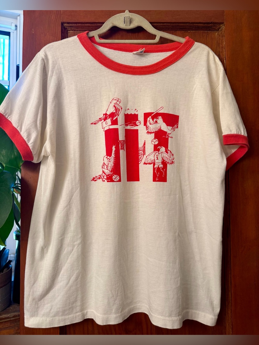 Vintage White and Red Champion Ringer School Sports Graphic Tee Size Large